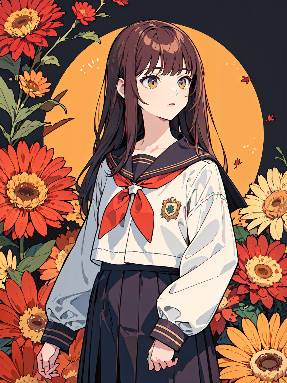 (best quality, masterpiece, super fine illustration, perfect anatomy:1.2), (ultra detailed:1.4), (insanely detailed:1.4). BREAK. season is autumn, (17 years old, 1girl, solo, listless:1.4), melancholic, (sailor school uniform, long sleeves:1.1). BREAK. (Autumn flowers background:1.2), Yellow tone, (cowboy shot)