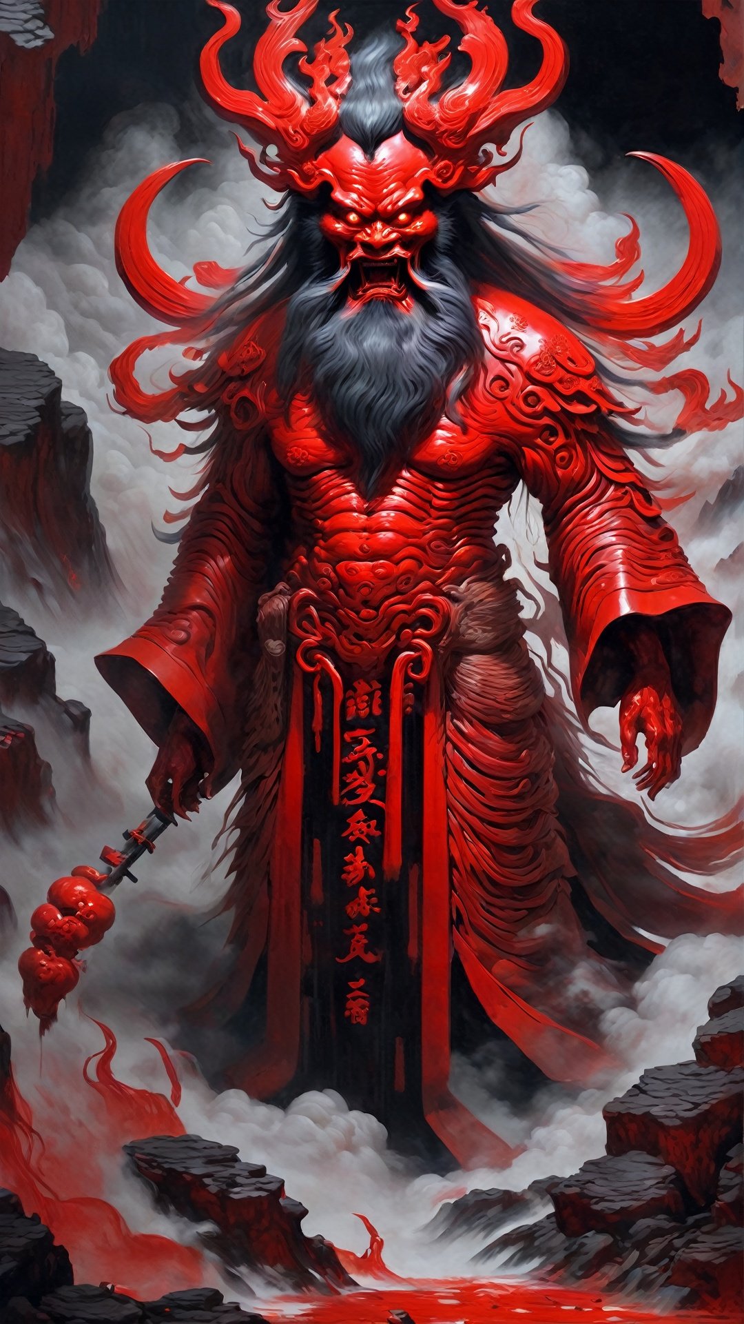 (Eastern mythology: 1.5) Chinese-style underworld ghosts (hyper-realistic thick brushstrokes: 1.5) The cinnabar demon's body is covered with red cinnabar and holds a cinnabar tube. It is responsible for recording the good and evil in the life of the dead to help determine their destination. Their eyes are deep and bright, and the cinnabar light makes their appearance solemn.