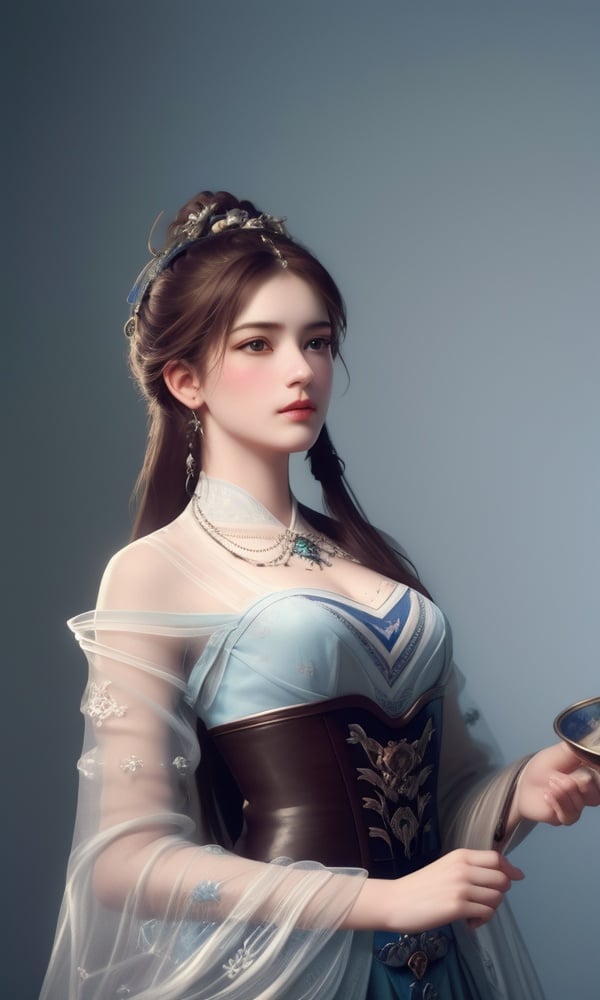 (,1girl, ,best quality, )<lora:DA_叶倾仙-完美世界:0.7>,, ,masterpiece,realistic photo, 1 girl, masterpiece, rococo, highest quality, high quality,  medium breasts, cute, (__camAngles__:1.0),highres,  medium breasts, by Jeremy Lipking, by Antonio J. Manzanedo,solid blue background.       (()), (),