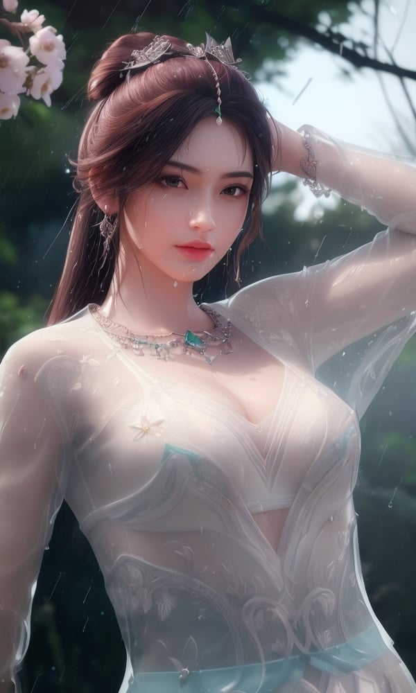 (,1girl, ,best quality, )<lora:DA_叶倾仙-完美世界:0.8>,, ,ultra realistic 8k cg, flawless,  tamari \(flawless\), professional artwork, famous artwork, cinematic lighting, cinematic bloom, perfect face, beautiful face, fantasy, dreamlike, unreal, science fiction,  luxury, jewelry, diamond, pearl, gem, sapphire, ruby, emerald, intricate detail, delicate pattern, charming, alluring, seductive, erotic, enchanting, hair ornament, necklace, earrings, bracelet, armlet,halo,masterpiece, fantasy, realistic,science fiction,mole, ultra realistic 8k cg, ,tamari \(flawless\),  medium breasts,cherry blossoms,wet clothes,lace, lace trim,   lace-trimmed legwear,(((Best quality, masterpiece, ultra high res, (photorealistic:1.4), raw photo, 1girl, wet clothes, rain, sweat, ,wet, )))   (()), (),