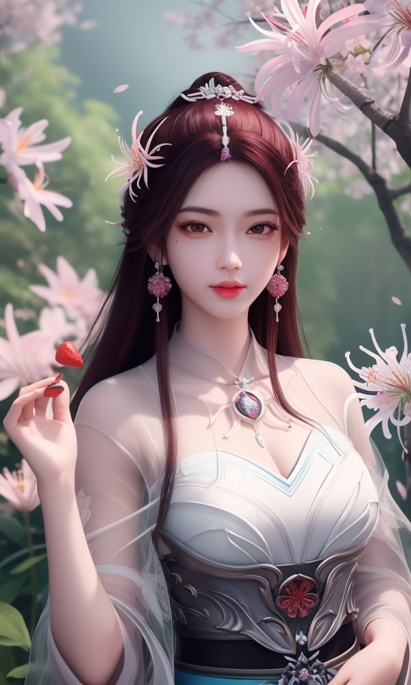 (,1girl, ,best quality, )<lora:DA_叶倾仙-完美世界:0.7>,, ,masterpiece, fantasy, realistic,science fiction,mole, ultra realistic 8k cg, ,tamari \(flawless\),  medium breasts  ,spider lily, lily \(flower\),cherry blossoms,plum blossoms, strawberry blossoms      (()), (),