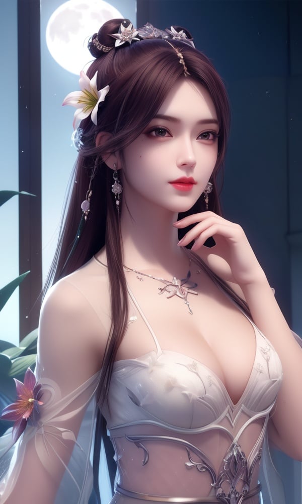 (,1girl, ,best quality, )<lora:DA_叶倾仙-完美世界:0.6>,, ,masterpiece, fantasy, realistic,science fiction,mole, ultra realistic 8k cg, ,tamari \(flawless\),  medium breasts  ,lily \(flower\) ,full moon ,strawberry blossoms      (()), (),