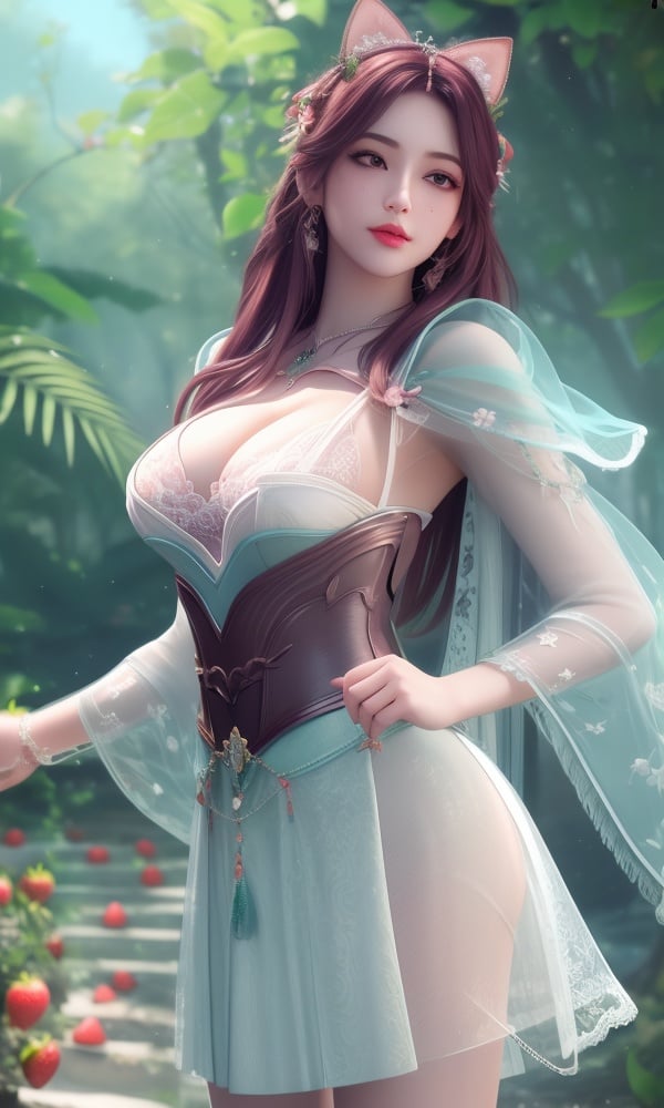 (,1girl, ,best quality, )<lora:DA_叶倾仙-完美世界:0.8>,, ,masterpiece, fantasy, realistic,science fiction,mole, ultra realistic 8k cg, ,tamari \(flawless\),  medium breasts,cleavage,strawberry blossoms,lace ,ribbon, pantyhose,    (()), (),