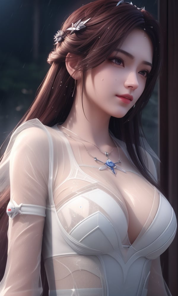 (,1girl, ,best quality, )<lora:DA_叶倾仙-完美世界:0.6>,, ,masterpiece, fantasy, realistic,science fiction,mole, ultra realistic 8k cg, ,tamari \(flawless\),  medium breasts  ,hydrokinesis,sweat, wet, rain, ,       (()), (),