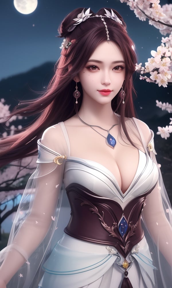 (,1girl, ,best quality, )<lora:DA_叶倾仙-完美世界:0.6>,, ,masterpiece,fantasy, realistic,science fiction,mole,,ultra realistic 8k cg, flawless,tamari \(flawless\), medium breasts,cherry blossoms,,night, night sky, crescent moon, moonlight,,(facing viewer, looking at viewer, , ),  (()), (),