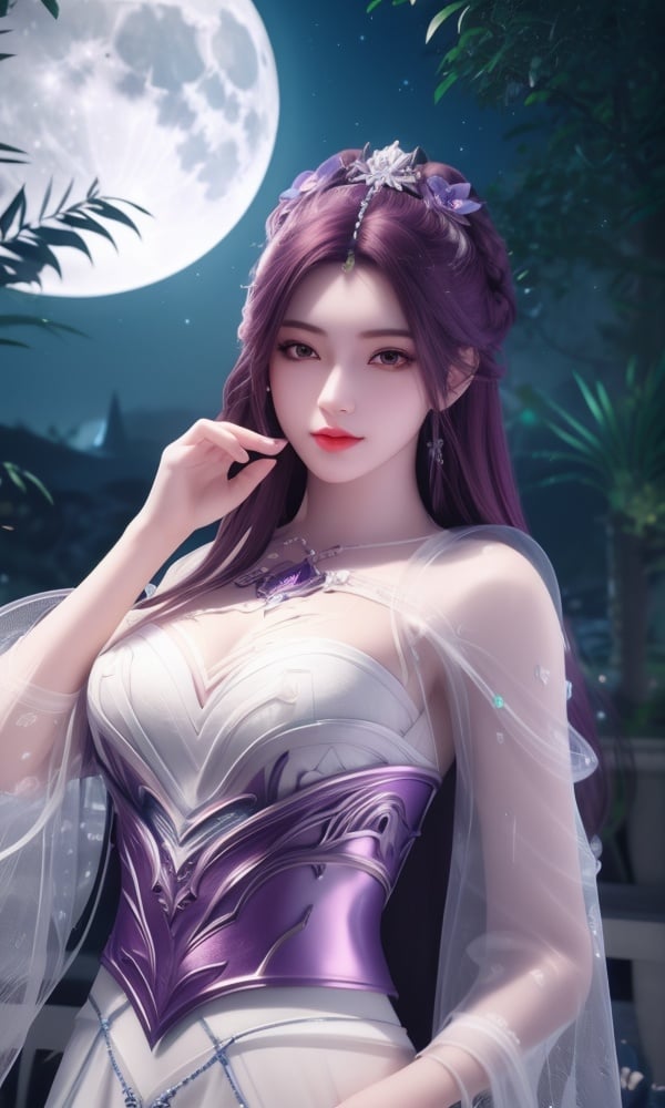 (,1girl, ,best quality, )<lora:DA_叶倾仙-完美世界:0.8>,, ,masterpiece, fantasy, realistic,science fiction,mole, ultra realistic 8k cg, ,tamari \(flawless\),  medium breasts,moonlight,full moon, purple flower,       (()), (),