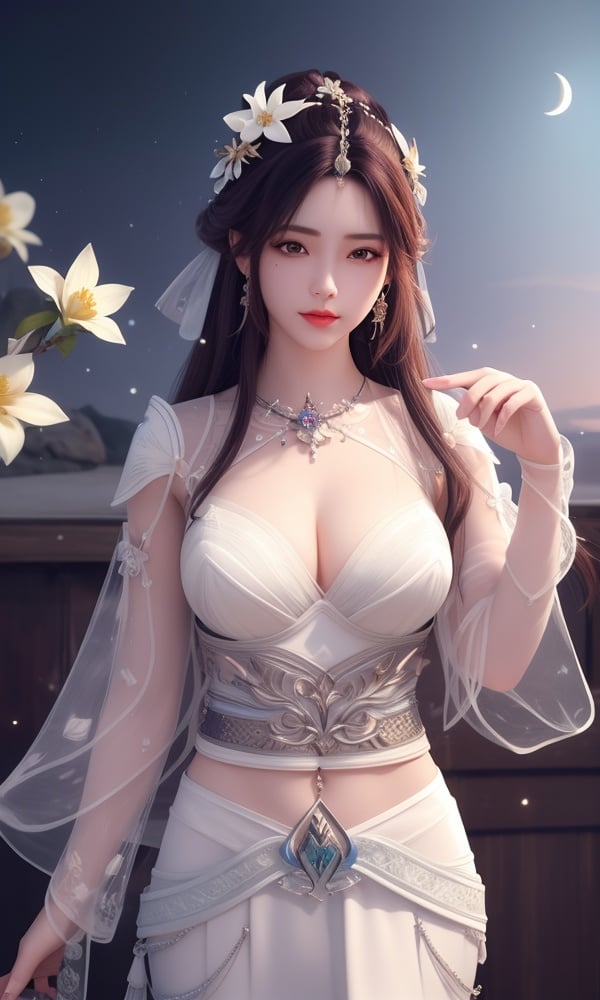 (,1girl, ,best quality, )<lora:DA_叶倾仙-完美世界:0.6>,, ,masterpiece, fantasy, realistic,science fiction,mole, ultra realistic 8k cg, ,tamari \(flawless\),  medium breasts ,crescent moon, jasmine \(flower\),     (()), (),