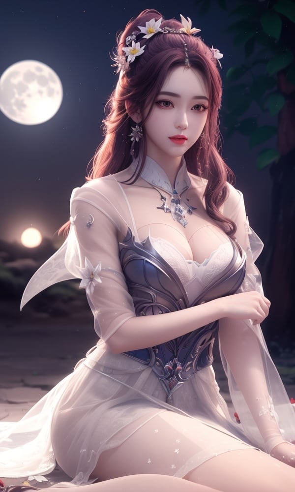 (,1girl, ,best quality, )<lora:DA_叶倾仙-完美世界:0.6>,, ,masterpiece, fantasy, realistic,science fiction,mole, ultra realistic 8k cg, ,tamari \(flawless\),  medium breasts  ,lily \(flower\) ,full moon ,strawberry blossoms      (()), (),