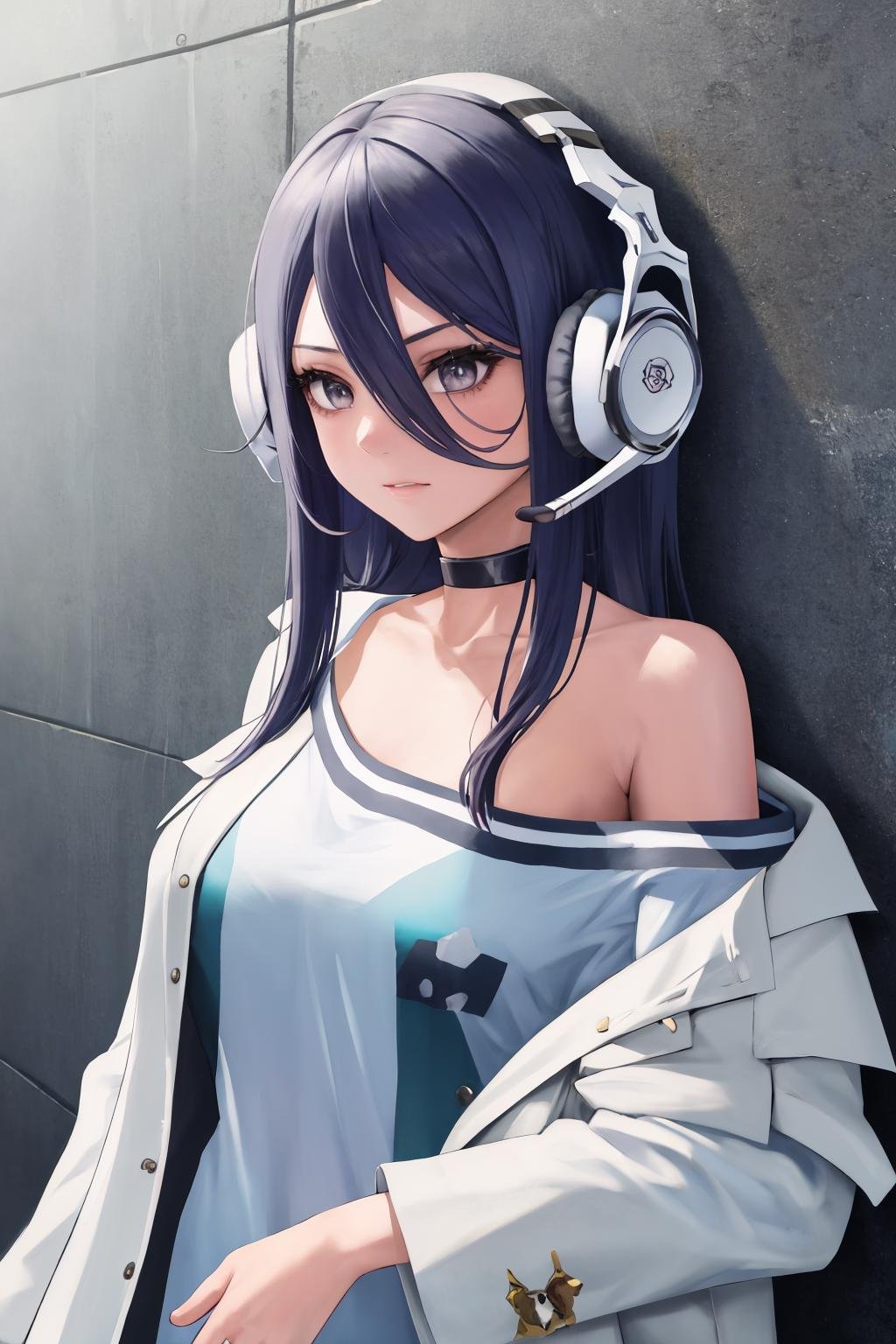 masterpiece, best quality, 1girl, solo <lora:exia-nikke-richy-v1:1> exiadef, headphones, choker, off shoulder, shirt, white jacket, collarbone, bottomless