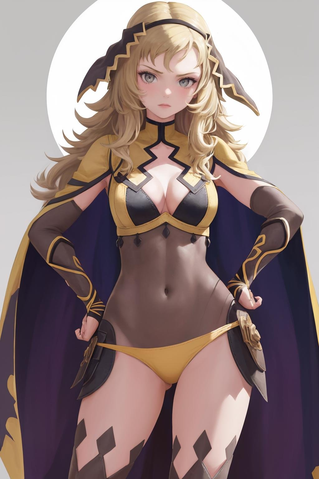 masterpiece, best quality, 1girl, solo, <lora:fatesdarkmage-fe-richy-v1:1> fatesdarkmage, cleavage, (bodystocking:1.2), yellow panties, bridal gauntlets, standing, contrapposto, hands on hips, looking at viewer, blonde hair, long hair, grey eyes