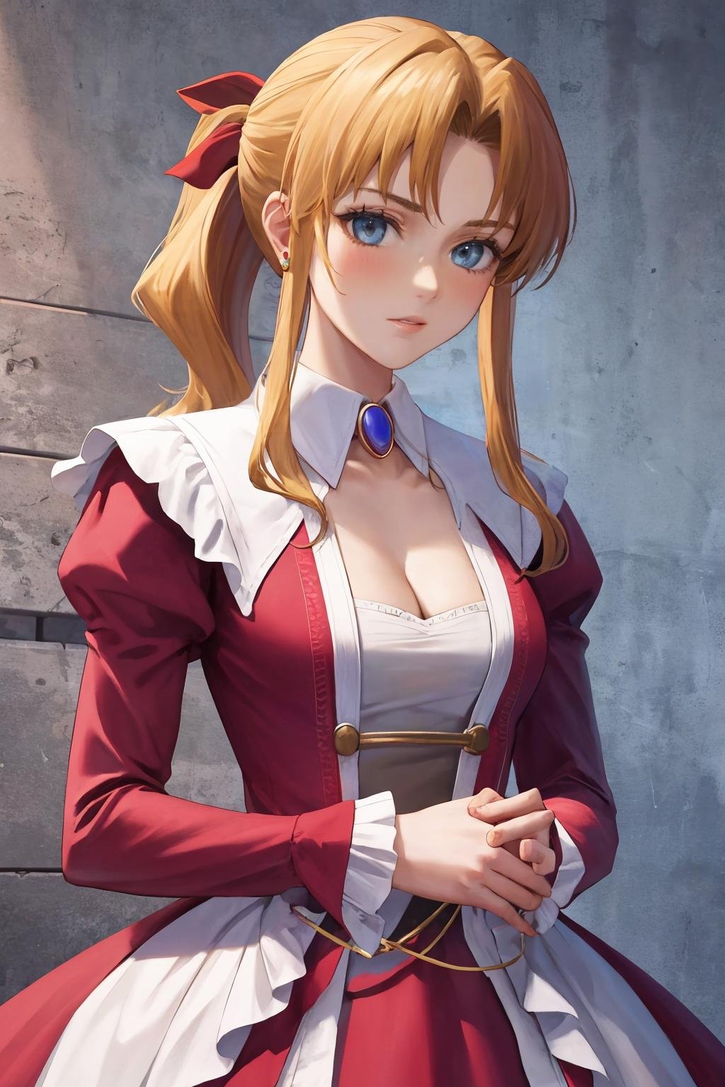 masterpiece, best quality, 1girl, solo, <lora:maybelle-snk-richy-v1:1> maybelle, ponytail, hair ribbon, brooch, jewelry, long sleeves, dress, cleavage