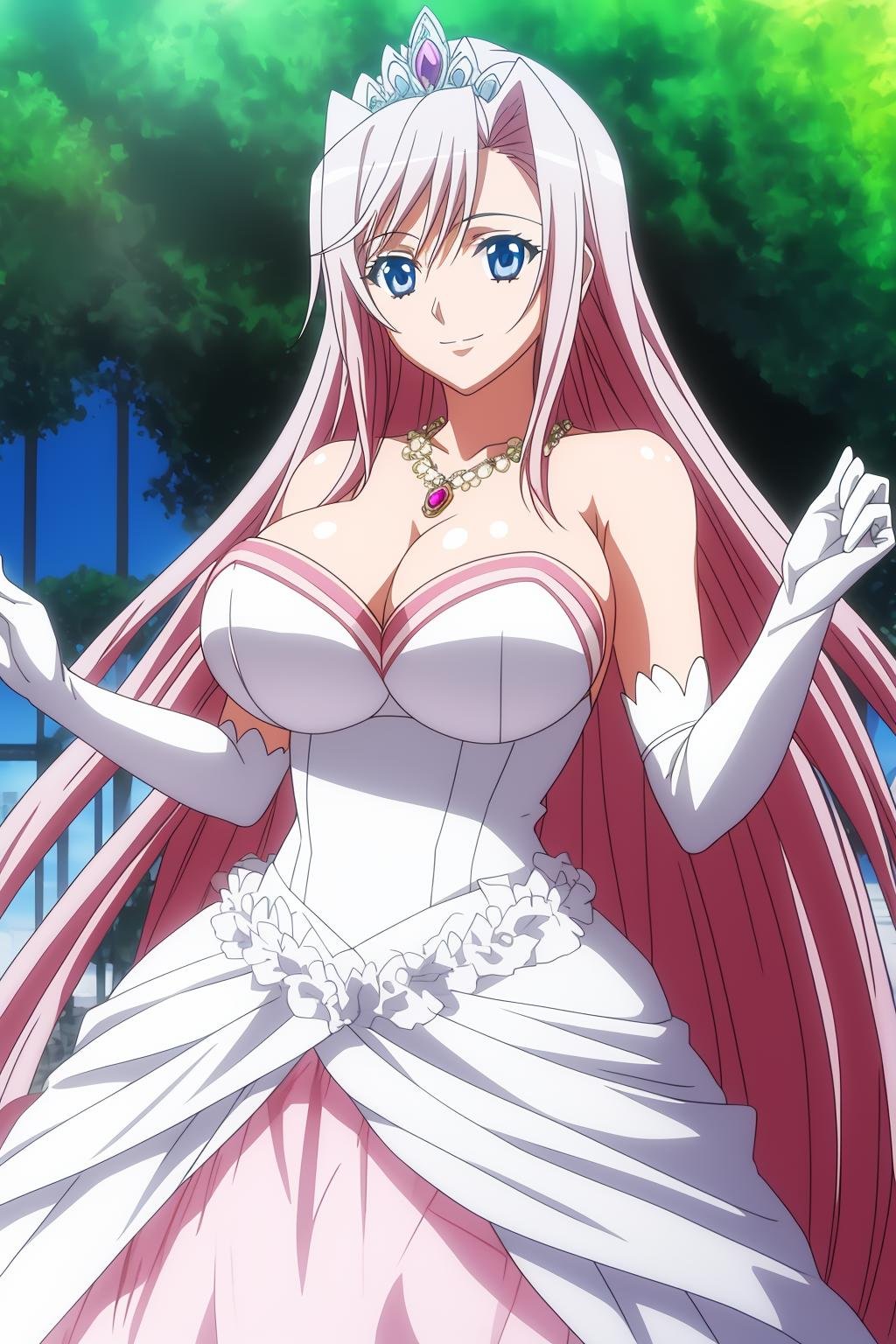 charlotte, 1girl, solo, long_hair, breasts, smile, blue_eyes, large_breasts, simple_background, gloves, outdoor, dress, cleavage, bare_shoulders, jewelry, very_long_hair, pink_hair, elbow_gloves, white_gloves, necklace, white_dress, tiara