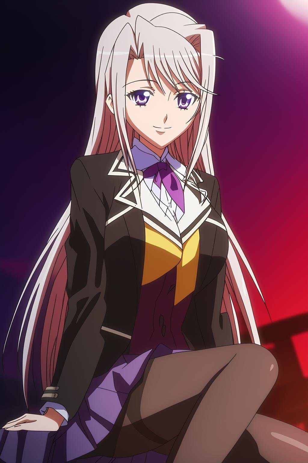 charlotte, 1girl, solo, long_hair, looking_at_viewer, smile, bangs, blue_eyes, skirt, long_sleeves, sitting, purple_eyes, jacket, pantyhose, blurry, black_pantyhose, hair_intakes, hand_on_own_chest, anime_coloring