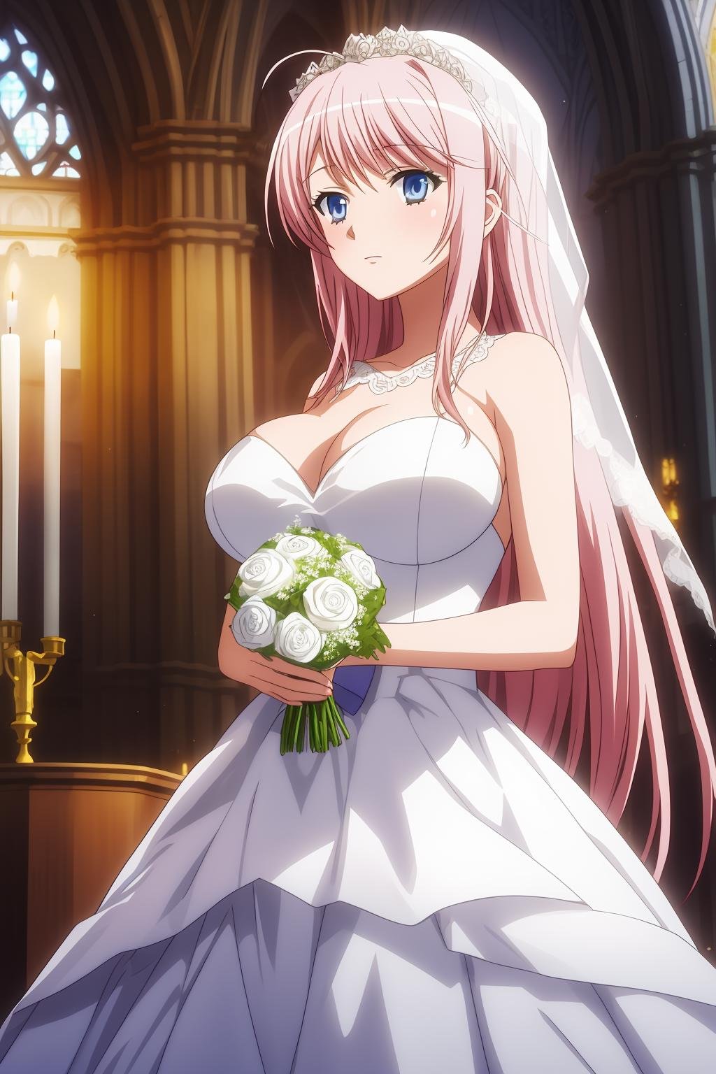 charlotte, 1girl, solo, long_hair, looking_at_viewer, large_breasts, bangs, blue_eyes, pink_hair, church, wedding_dress, white_dress, holding_flowers, candle