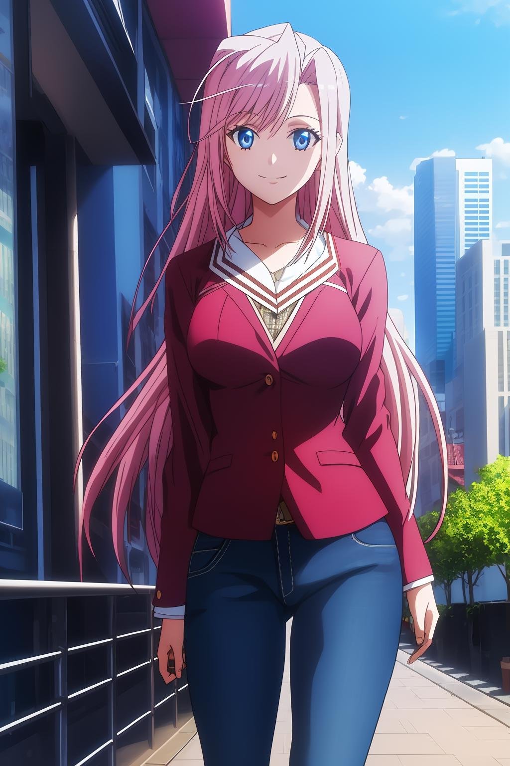 charlotte, 1girl, solo, long_hair, looking_at_viewer, bangs, blue_eyes, pink_hair, standing, blue_shirt, blue_jeans, outdoor, city, street, smile