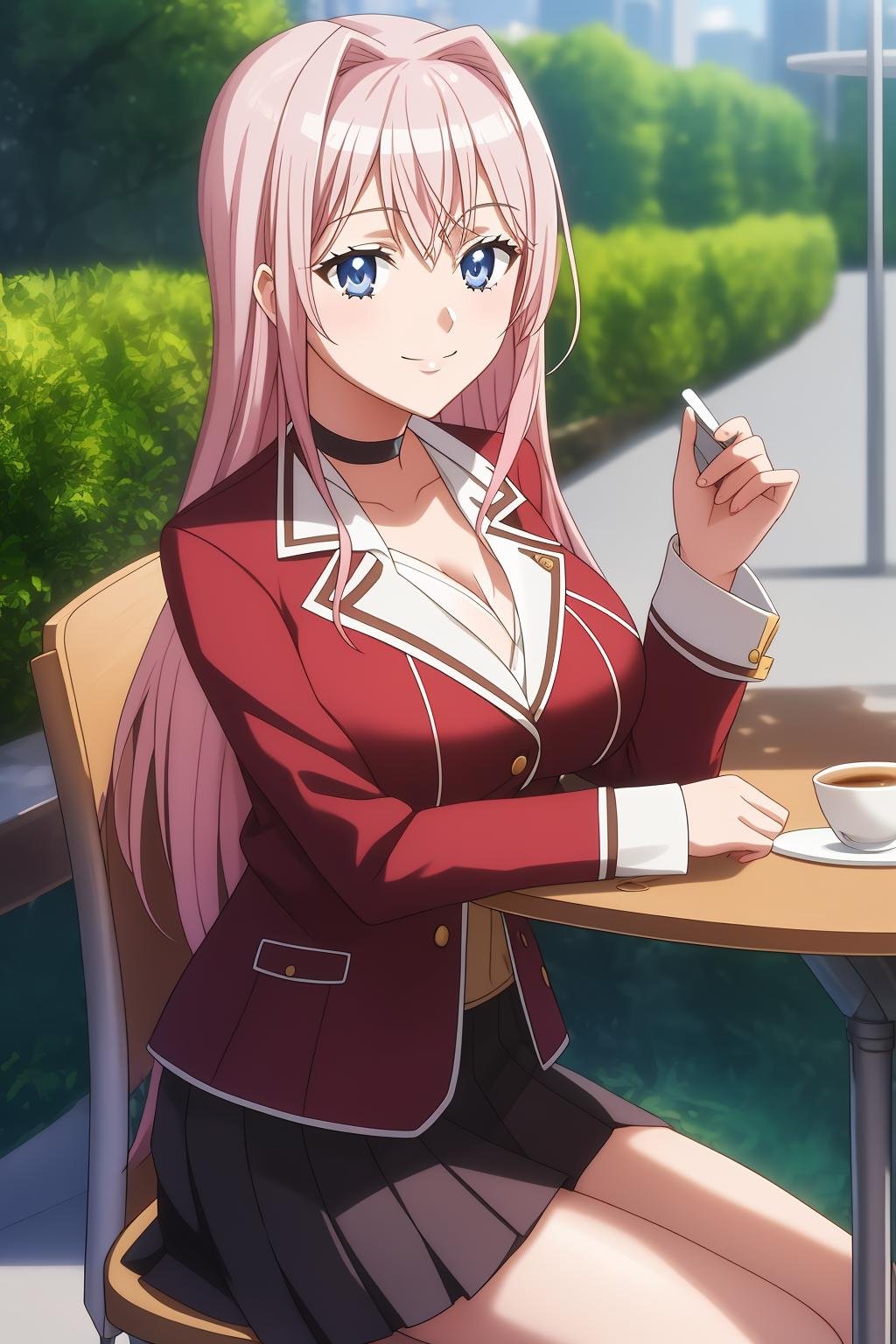 charlotte, 1girl, solo, long_hair, breasts, looking_at_viewer, smile, bangs, blue_eyes, skirt, large_breasts, long_sleeves, sitting, school_uniform, jacket, pink_hair, choker, cup, chair, table, café, outdoor