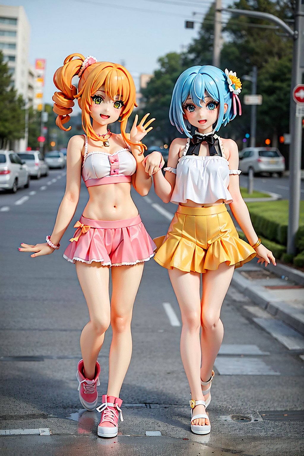 ((anime figure)), 2 girls, one with green eyes and yellow hair the other with yellow pink hair