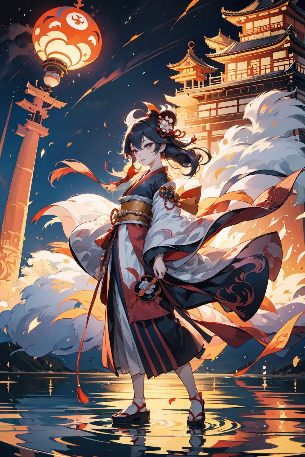 masterpiece, best quality,onmyoji, kyoto castle, omyoji hat, ((group of yo-kai)), Baku Yumemakura's novel , detailed, standing , windy, at night, onmyoji pose,kaede,huoshen