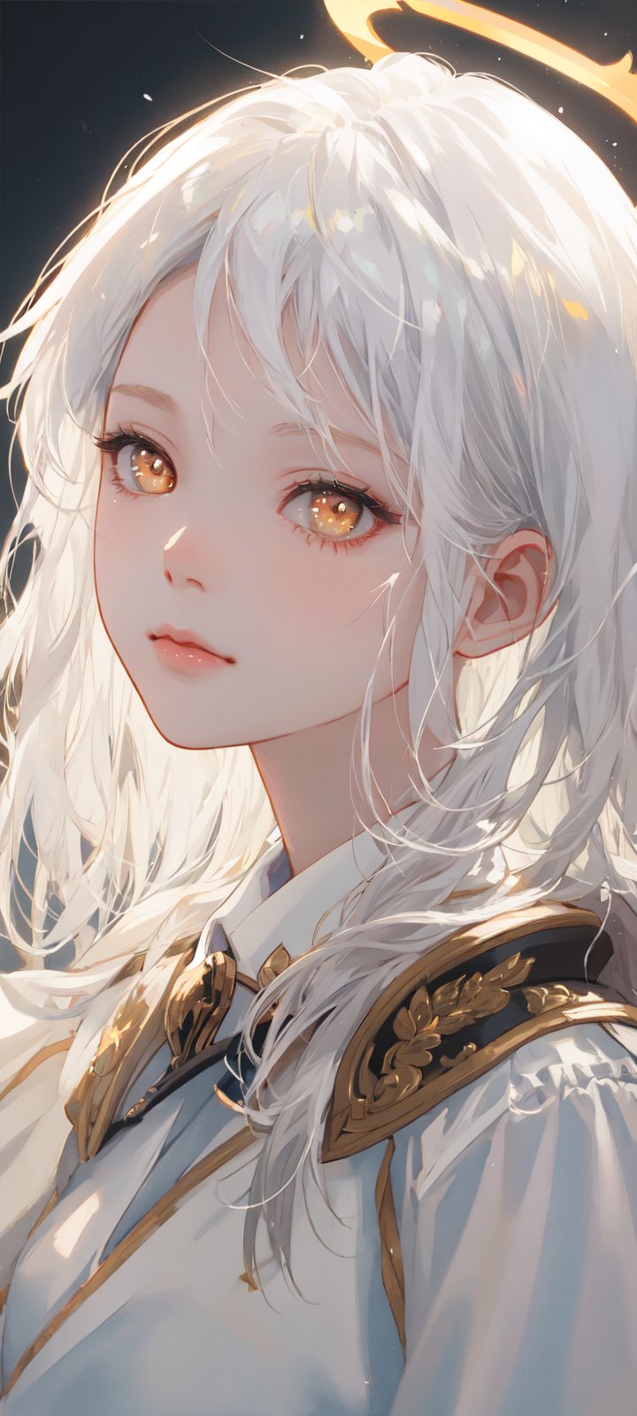 masterpiece, best quality, ultra-detailed, illustration, close-up, straight on, face focus, 1girl, white hair, golden eyes, long hair, halo, angel wings, serene expression, looking at viewer,SMMars