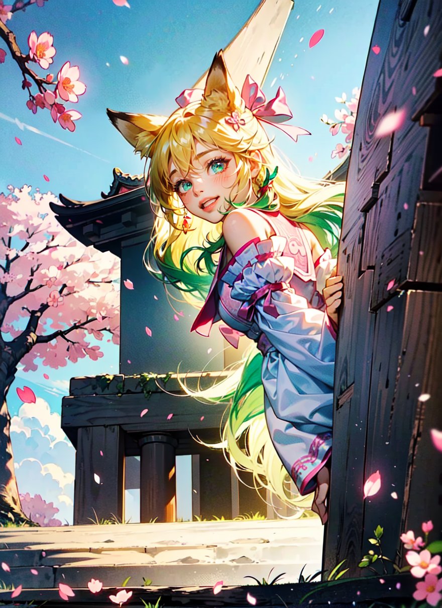 masterpiece,  best quality,  1girl, wavy long hair, blonde hair, beautiful eyes, green eyes, white European-style adventurer clothing, pink ribbon bow on the head, pink flower earrings, pink jacket,  stairs,  cherry blossoms,  temple,  fox girl,  detached sleeves,  animal ears,  happy,  arms behind back, high resolution, 4k