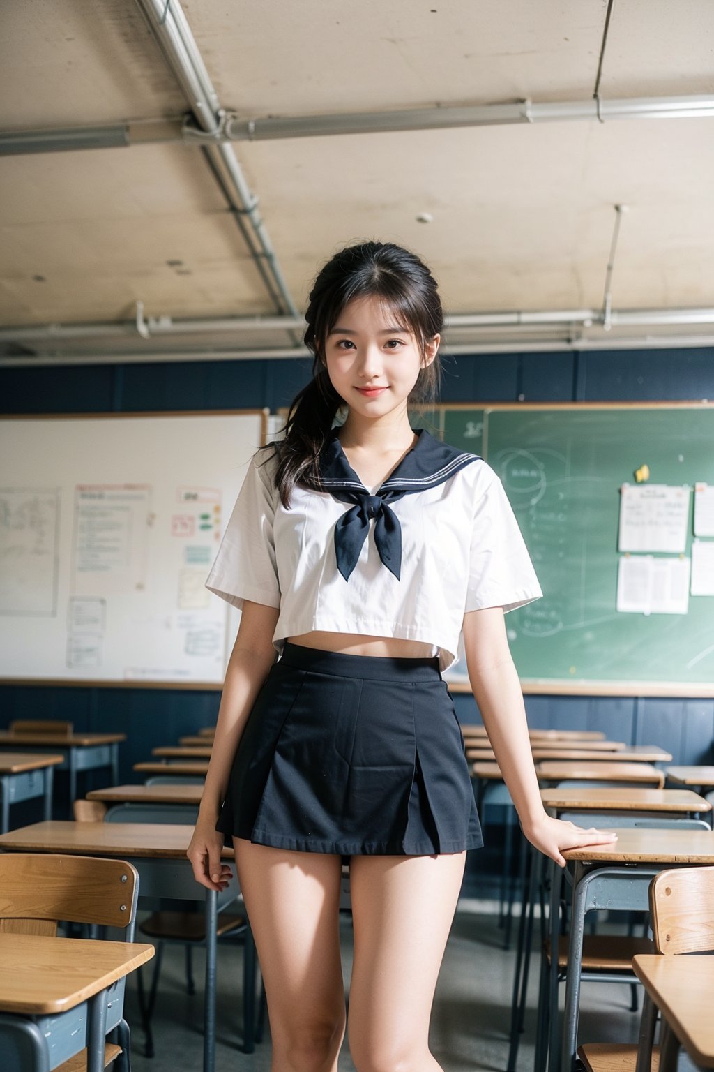 girl standing in school classroom,sailor shirt,micro mini skirt,18-year-old,bangs,a little smiles,thighs,crotch,knees,short cut hair,ponytail,from below,acjc