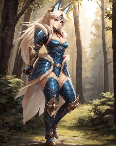 character portrait of a sexy, adult, (female:1.4), (human:1.2), zingxarmor, thin, hi res, soft shading, detailed face, good anatomy, cinematic lighting, by woolrool, crayon \(artist\), buta99, athletic, detailed background, outdoors, blue eyes, white hair, short hair, forest, dynamic pose, long ponytail, headwear, headpiece, standing, full-length portrait, 