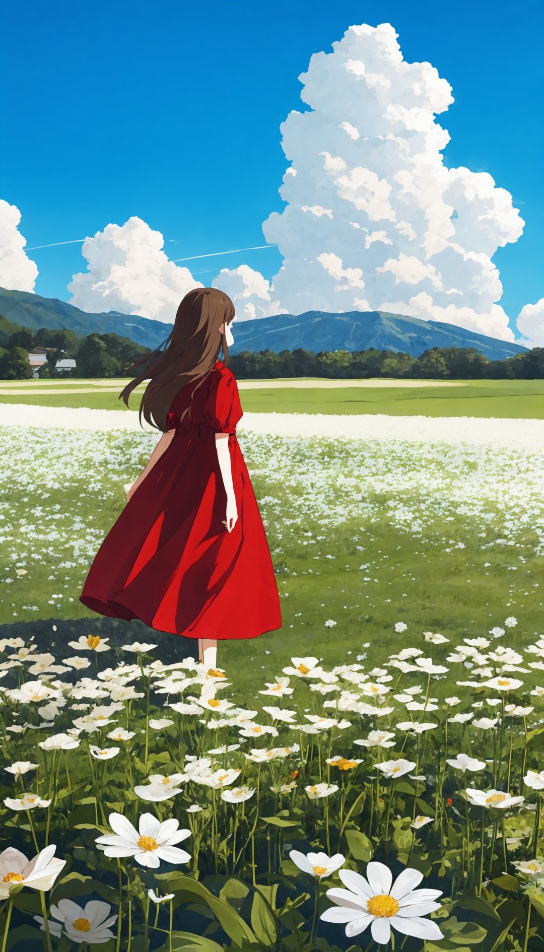 1girl, long hair, field, solo, dress, outdoors, flower, sky, scenery, red dress, very long hair, white flower, flower field, brown hair, cloud, blue eyes, wide shot, grass, standing, day