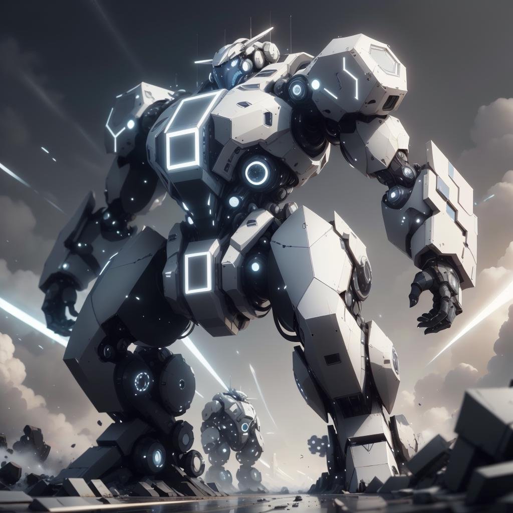 <lora:LEDarrayTech-20:0.8> , ledarraytech , scifi,   geometrical ,   tron, colossal battle mech , destruction,