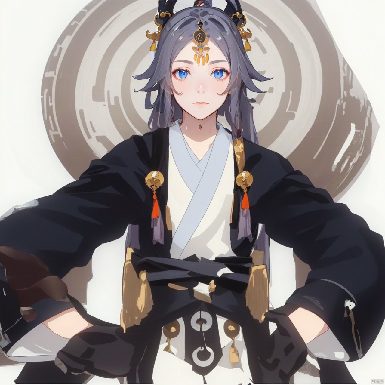  (masterpiece:1.3), (the best quality:1.2), (super fine illustrations:1.2), (Masterpiece), high quality, high detail,((white background:1.2)), looking at viewer, (SOLO:1.4),outline,,simple background, tiara, haori, braid, tassel, hair rings, forehead jewel, circlet, parted bangs, jingle bell,long sleeves, wide sleeves,ponytail,ornament,hair ornament,Grey hair,Chinese clothes,taoist robes, boots, long hair, blue eyes,grey hair, blue eyes, hair ornament, centre parting bangs, ponytail, taoist robes, chinese clothes