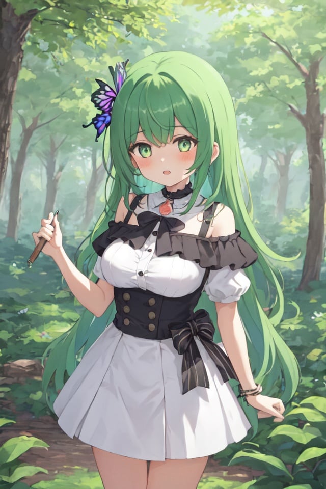 1girl,  forest, green hair, butterfly, <lora:kawaii-000010:1>