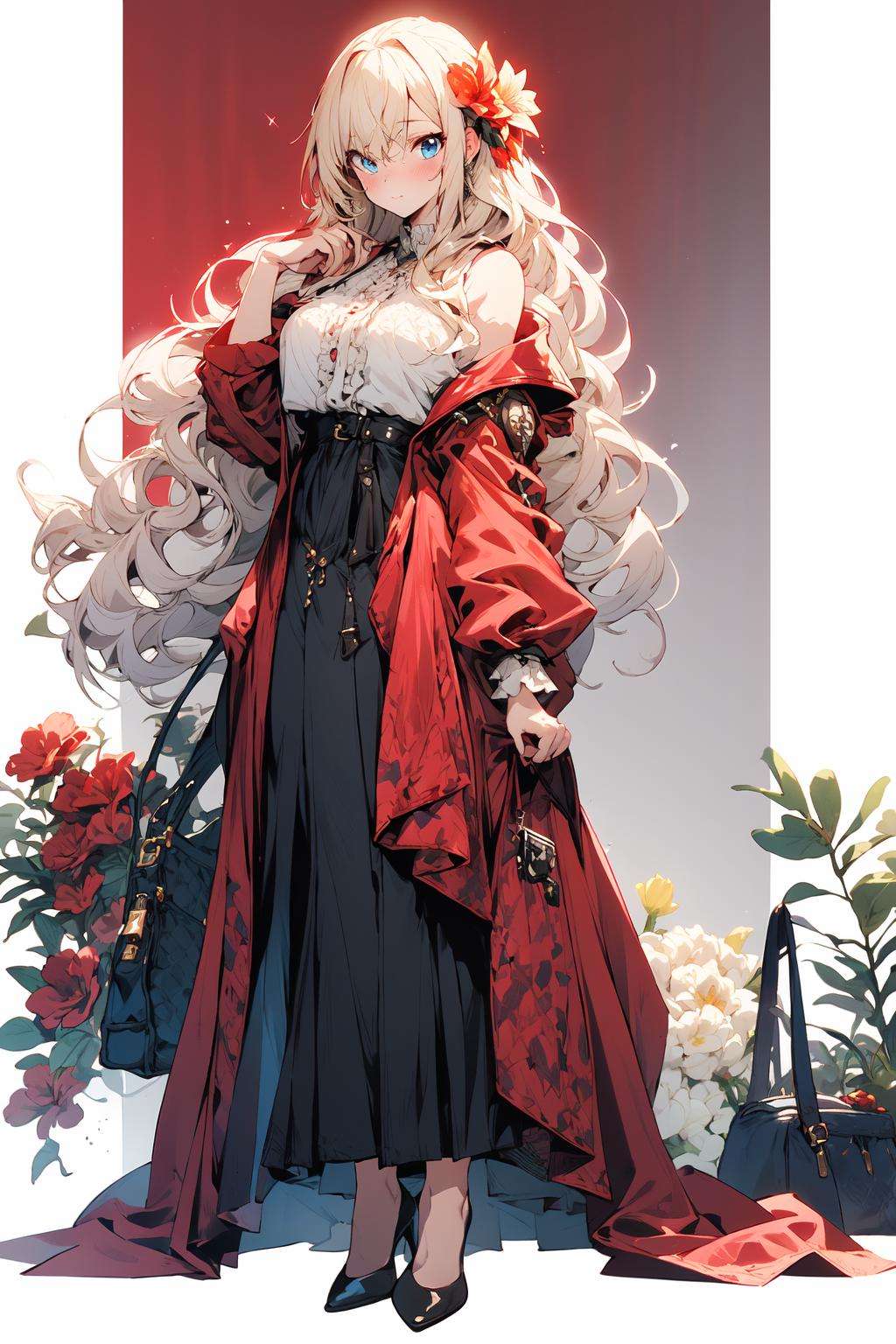 (masterpiece:1.2),best quality,game cg,1girl,solo,long hair,blonde hair,hair ornament,holding bag,bag,high heels,dress,full body,looking at viewer,holding,simple background,blue eyes,standing,hair flower,white background,flower,bangs,black footwear,handbag,red dress,closed mouth,long sleeves,skirt,wavy hair,blush,breasts,very long hair,jewelry,hand up,floral print,frills,<lora:fantasy_20230707233406-000012:1>,