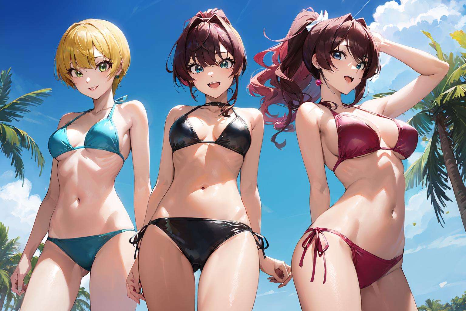 (masterpiece:1.2),best quality,PIXIV,who,ichinose shiki,miyamoto frederica,jougasaki mika,multiple girls,breasts,bikini,swimsuit,pink hair,blonde hair,smile,long hair,blue eyes,short hair,green eyes,navel,medium breasts,yellow eyes,red bikini,looking at viewer,side-tie bikini bottom,black hair,outdoors,cleavage,sky,open mouth,brown hair,day,hayami kanade,ahoge,wavy hair,halterneck,innertube,ponytail,bangs,4girls,earrings,jewelry,cloud,palm tree,blue sky,tree,