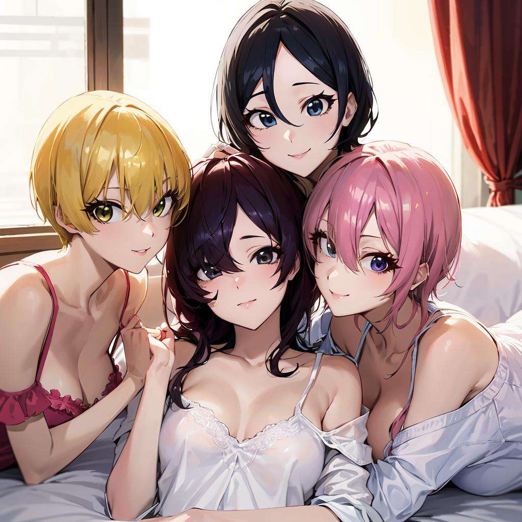 (masterpiece:1.2),best quality,PIXIV,who,ichinose shiki,shiomi syuko,multiple girls,miyamoto frederica,hayami kanade,jougasaki mika,5girls,pink hair,breasts,blonde hair,long hair,black eyes,looking at viewer,blue eyes,short hair,cleavage,smile,black hair,green eyes,bangs,medium breasts,shirt,brown hair,yellow eyes,petals,grey hair,hair between eyes,curtains,parted bangs,on stomach,lying,bare shoulders,wavy hair,white shirt,indoors,dress shirt,off shoulder,bed,brown eyes,window,on bed,camisole,