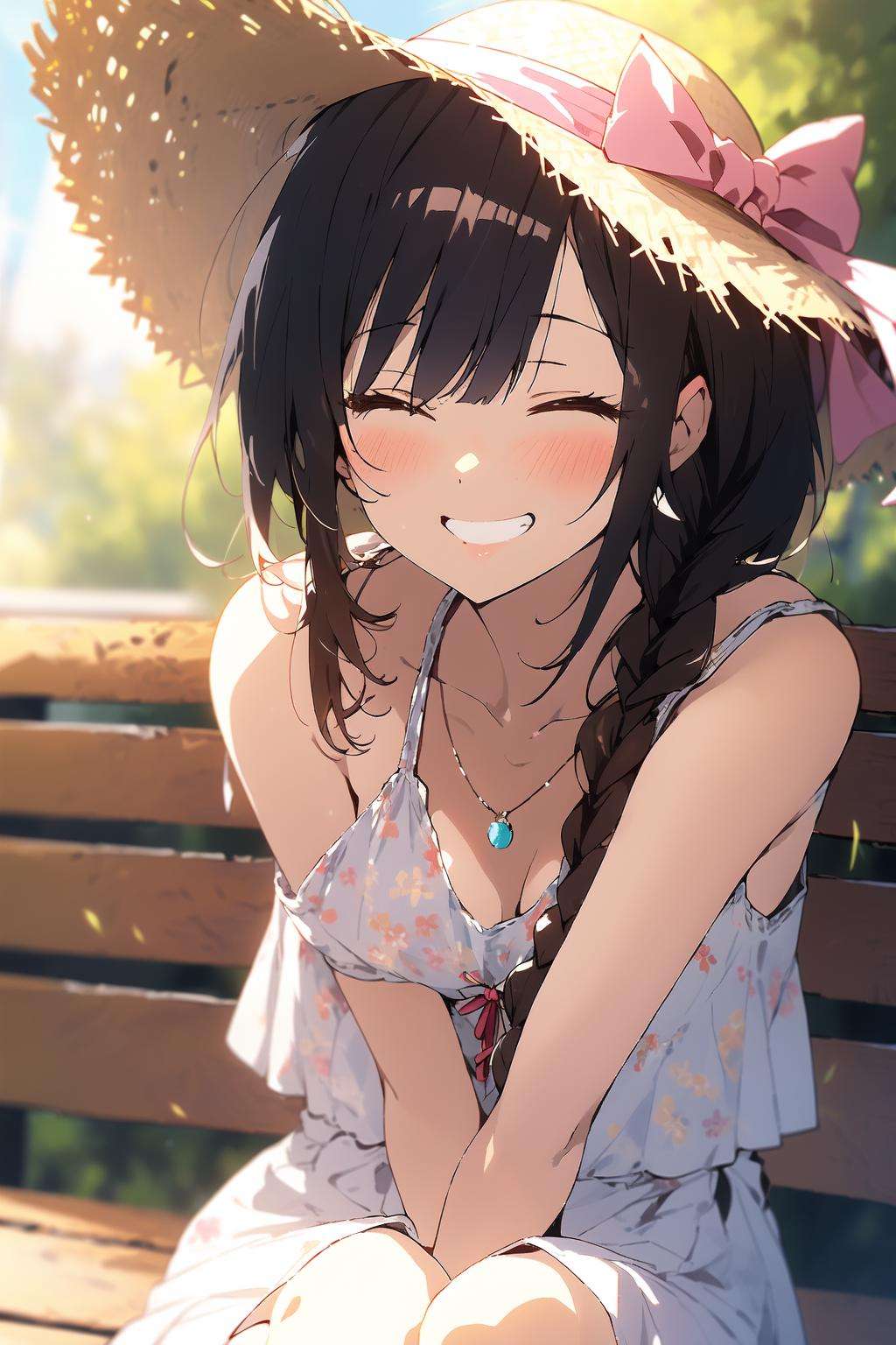 (masterpiece:1.2), best quality,cozy anime,1girl, solo, smile, sitting, hat, shoulder cutout, braid, dress, brown hair, closed eyes, twin braids, blush, long hair, bench, grin, outdoors, white dress, jewelry, clothing cutout, bangs, necklace, floral print, blurry, hand between legs, blurry background, between legs, bow, facing viewer, breasts, bare shoulders, sun hat, straw hat, day, collarbone, hair bow, short sleeves, feet out of frame, ribbon, brown headwear, on bench, depth of field, park bench, ^_^, hair over shoulder<lora:cozy anime_20230630155224:1>