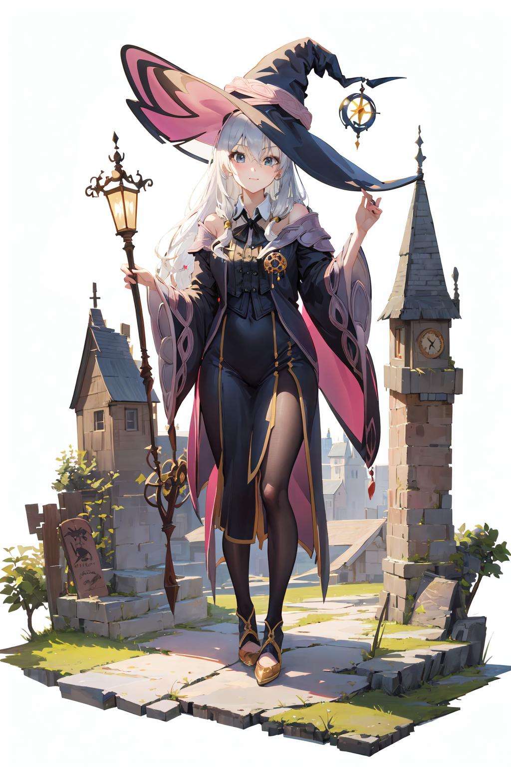 [(white background:1.5)::5],(full body:1.2),(((masterpiece))),(((best quality))),(((extremely detailed))),illustration,from below,who,fantasy,fantasy world,castle,medieval,full body,1girl,Elaina,white hair,huge Silly hair,witch hat,<lora:立﷿:0.7>,