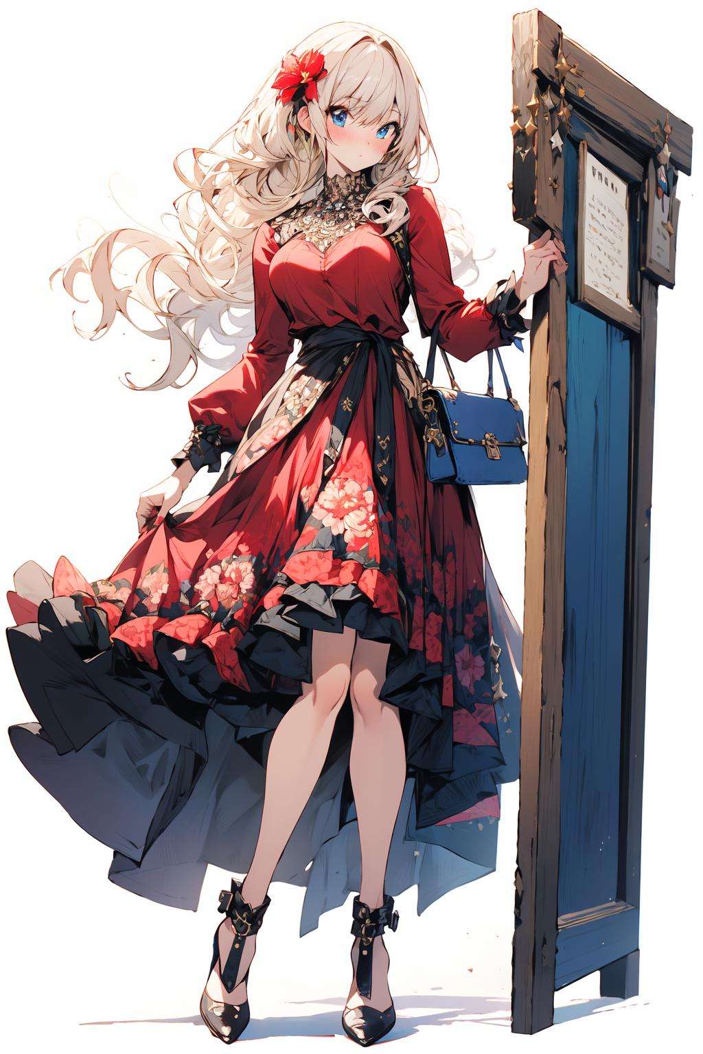 (masterpiece:1.2),best quality,game cg,1girl,solo,long hair,blonde hair,hair ornament,holding bag,bag,high heels,dress,full body,looking at viewer,holding,simple background,blue eyes,standing,hair flower,white background,flower,bangs,black footwear,handbag,red dress,closed mouth,long sleeves,skirt,wavy hair,blush,breasts,very long hair,jewelry,hand up,floral print,frills,<lora:fantasy_20230707233406-000012:1>,