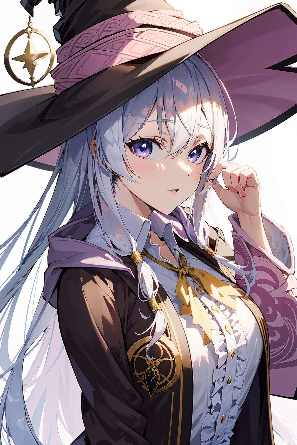 (masterpiece:1.2),best quality,PIXIV,who,1girl,Elaina,white hair,huge Silly hair,witch hat,  