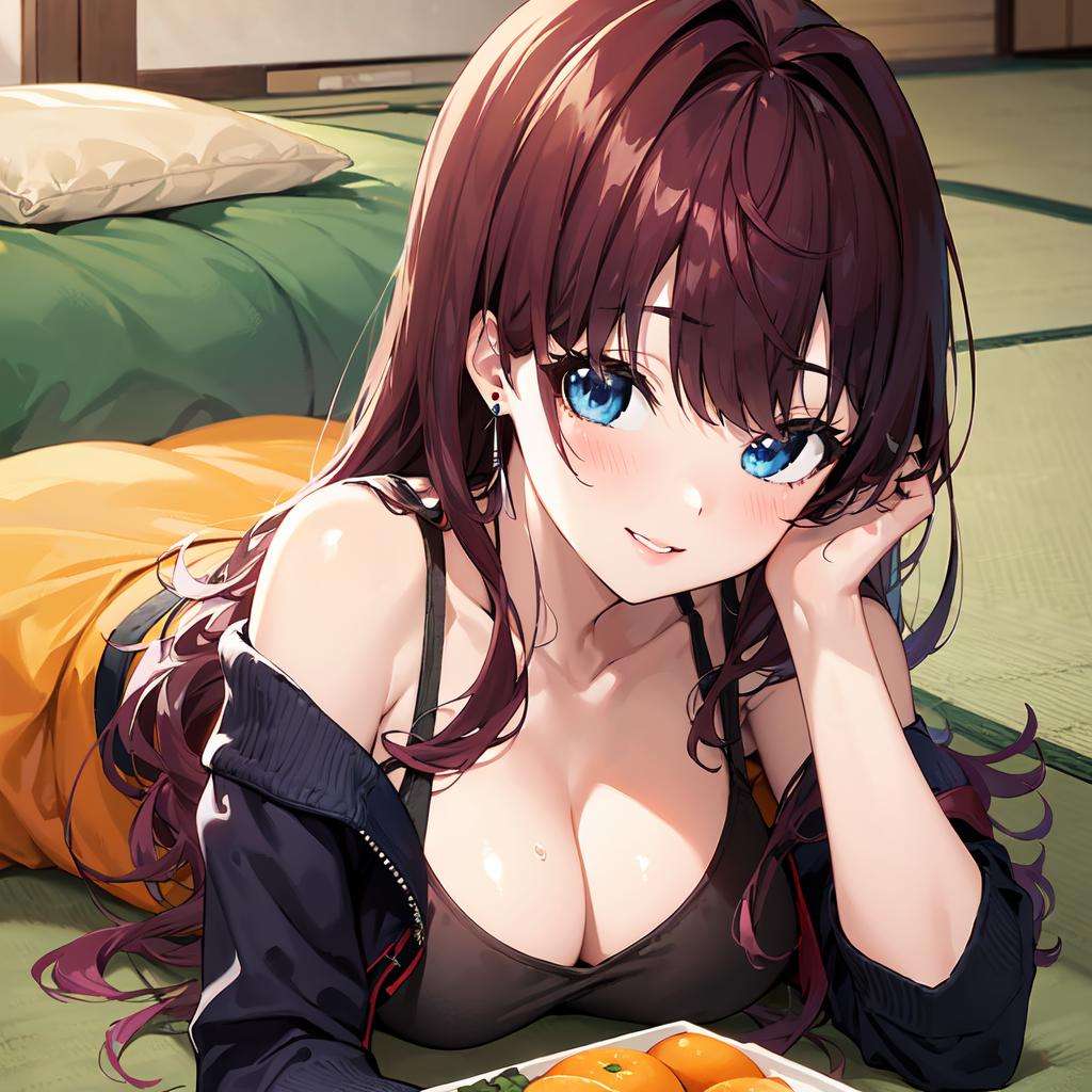 (masterpiece:1.2),best quality,PIXIV,who,1girl, ichinose shiki, breasts, solo, cleavage, long hair, kotatsu, blue eyes, lying, looking at viewer, smile, table, jacket, mandarin orange, blush, indoors, brown hair, fruit, food, off shoulder, on stomach, collarbone, tank top, bangs, under kotatsu, large breasts, parted lips, wavy hair, bare shoulders, black jacket, under table, open jacket, open clothes, head rest, earrings