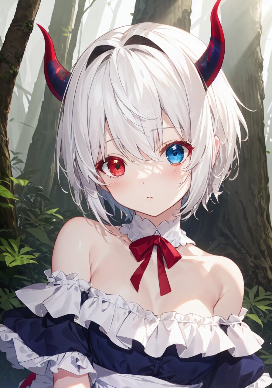(detailed light), (an extremely delicate and beautiful), volume light, best shadow,cinematic lighting, flash, Depth of field, dynamic angle, Oily skin, (upper body)(solo:1.2),(short hair,white hair:1.3),((rem:0.7)+(miku:0.8)),has(2 red horns:1.2),(heterochromia<(red,blue)>),(black_white maid_outfit) (off shoulder) (frills:1.2),(in forest),<lora:klfengjing-000006:0.9>
