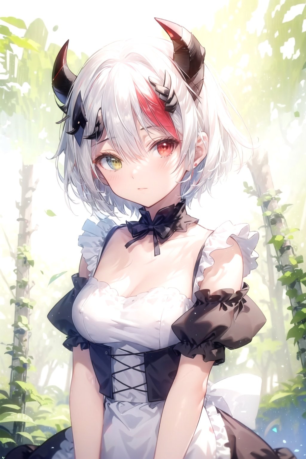  (detailed light), (an extremely delicate and beautiful), volume light, best shadow,cinematic lighting, flash, Depth of field, dynamic angle, Oily skin, (upper body)(solo:1.2),(short hair,white hair:1.3),((rem:0.7)+(miku:0.8)),has(2 red horns:1.2),(heterochromia<(red,blue)>),(black_white maid_outfit) (off shoulder) (frills:1.2),(in forest),