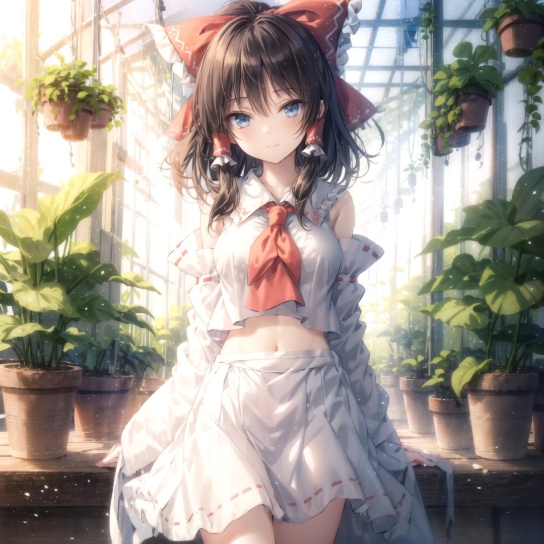  (cowboy shot:1.3), Hakurei Reimu(touhou project), black hair, Oily skin, 1 girl, (Extremely detailed and beautiful eyes)(detailed light), (an extremely delicate and beautiful), volume light, best shadow, flash, Depth of field, dynamic angle, (greenhouse:1.35)