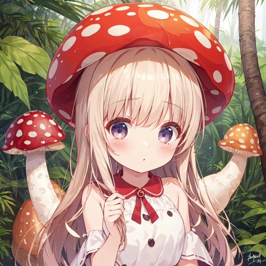 (1 loli:1.3), Forest after rain, Amazon rainforest, lots of tropical trees, palm trees, lots of giant mushrooms, lots of poison mushrooms, red and white spotted mushrooms, purple mushrooms, yellow mushrooms, white mushrooms, explosion mushrooms, charm mushrooms, fluorescent mushrooms(monsterification:1.3), (1 giant mushroom_girl, wearing Spotted dress, spotted mushroom hair), (spotted mushroom hat:1.2), (upper body), (cute face), beautiful eyes(detailed light), (extremely delicate and beautiful), volume light, best shadow, flash, Depth of field<lora:klfengjing-000006:0.8>
