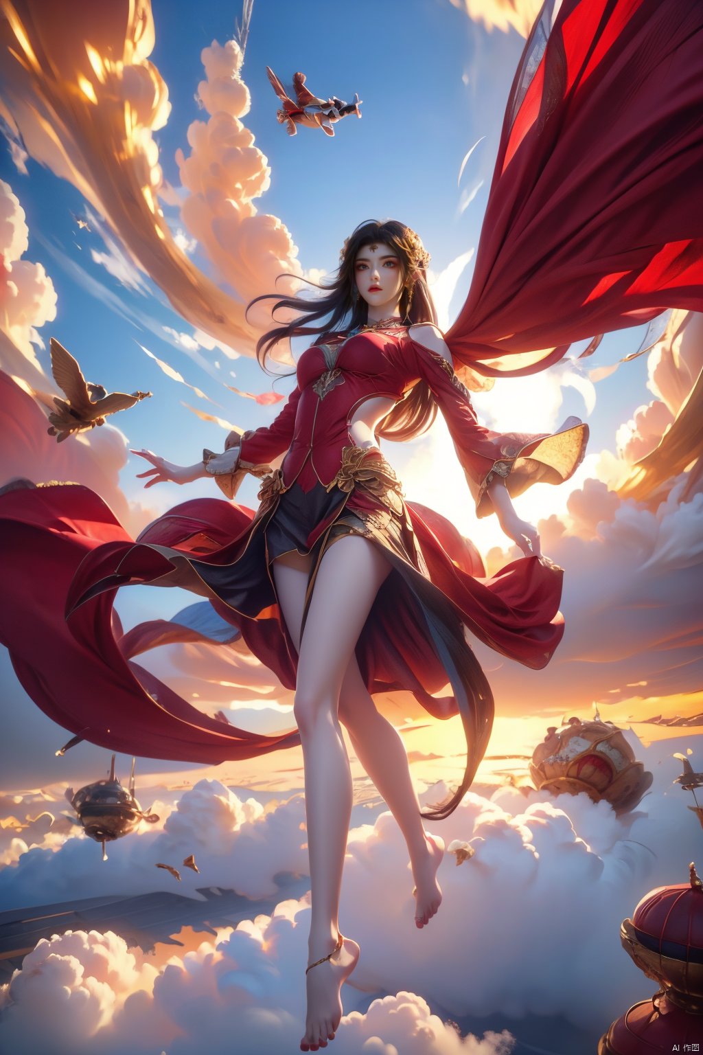  1girl, aura,,
Front view,air,cloud,
backlight,looking at viewer,
very long hair,hair flowe
full_body,(bare feet,:1.2)(flying in the sky:1.6),(Stepping on the clouds:1.2),