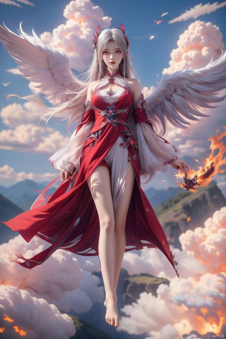  1girl, 
(red fire,magic),(glowing eyes:1.3), 
chest,electricity, lightning,
white magic, aura,,
Front view,air,cloud,
backlight,looking at viewer,,white hair
very long hair,hair flowe
 meidusha,
full_body,(bare feet,:1.2)(flying in the sky:1.6),(Stepping on the clouds:1.2),(Red Angel Wings:1.2), wings, tiandunv