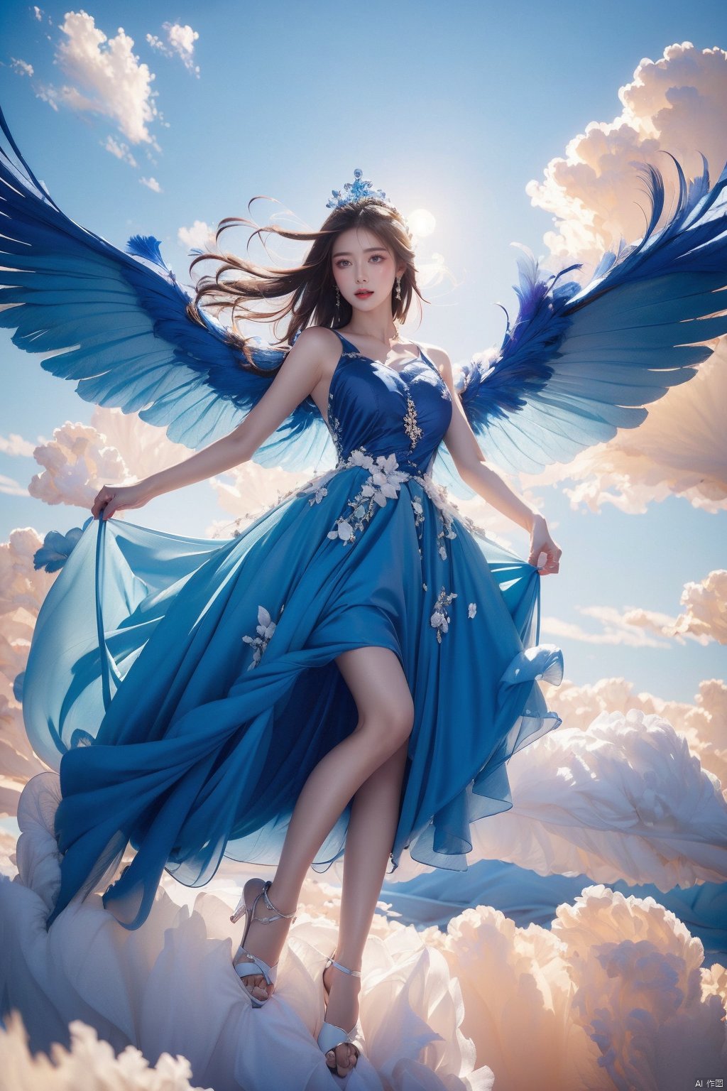  1girl, blue dress, angel wings,blue wings, blue sky and white clouds,Flying, High in the air,half body