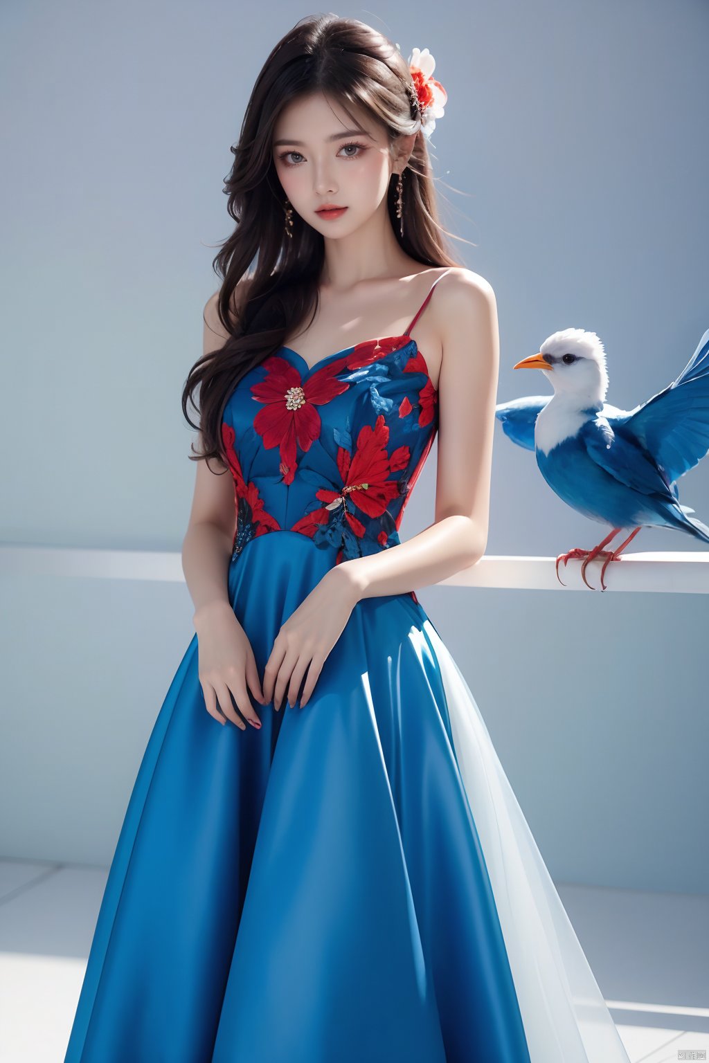  a woman wearing a blue and red dress with a white bird on her shoulder,1girl,