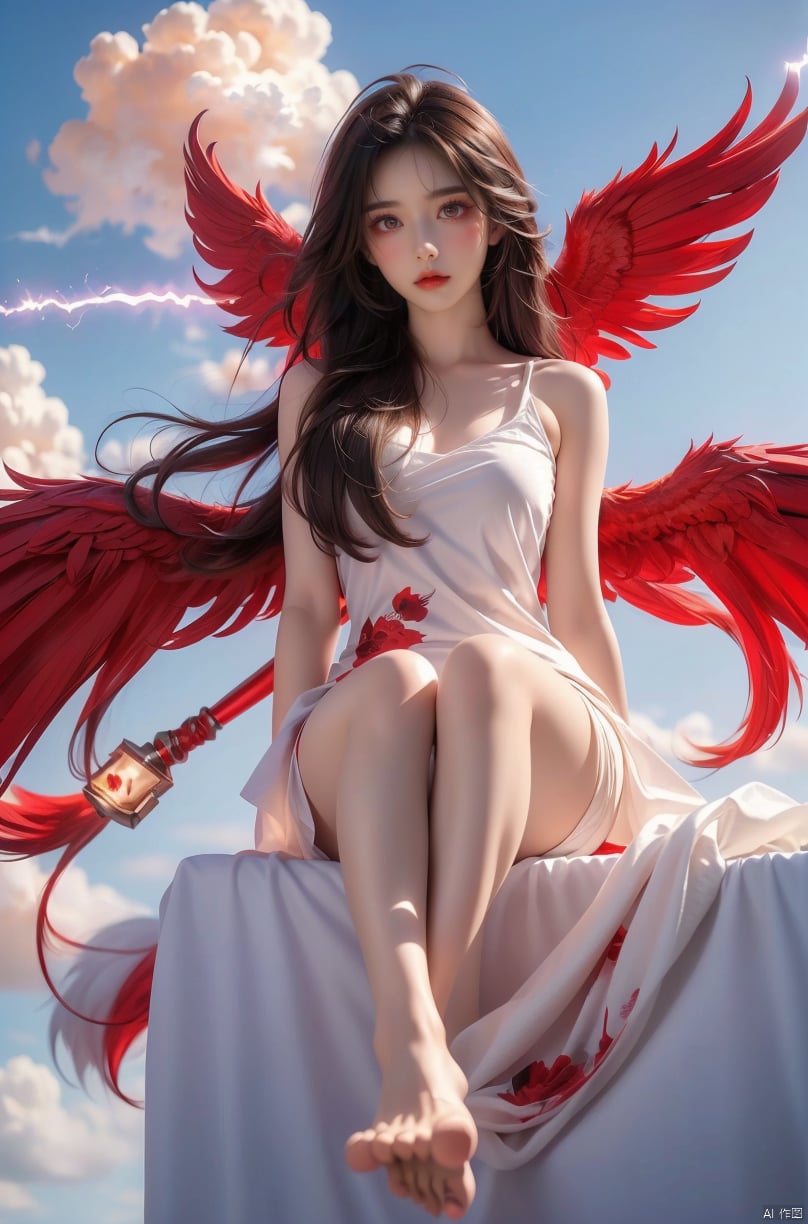  1girl, 
(red fire,magic),(glowing eyes:1.3), 
chest,electricity, lightning,
red magic, aura,,
Front view,air,cloud,
backlight,looking at viewer,,
very long hair,hair flowe
 meidusha,
full_body,(bare feet,:1.2)(flying in the sky:1.6),(Stepping on the clouds:1.2),(Red Angel Wings:1.2), wings