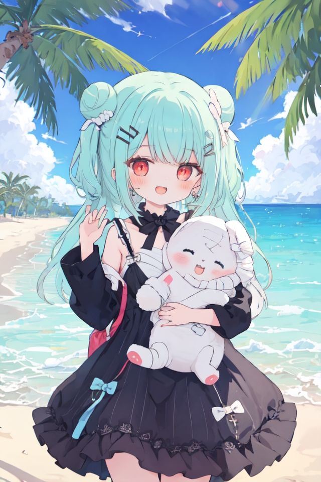 1girl, earrings, stuffed_toy, stuffed_animal, jewelry, ocean, sky, blue_sky, bandages, cloud, beach, long_hair, hairclip, hair_ornament, smile, day, open_mouth, double_bun, outdoors, palm_tree, dress, red_eyes, two_side_up, water, stuffed_bunny, horizon <lora:kawaii-000010:1>