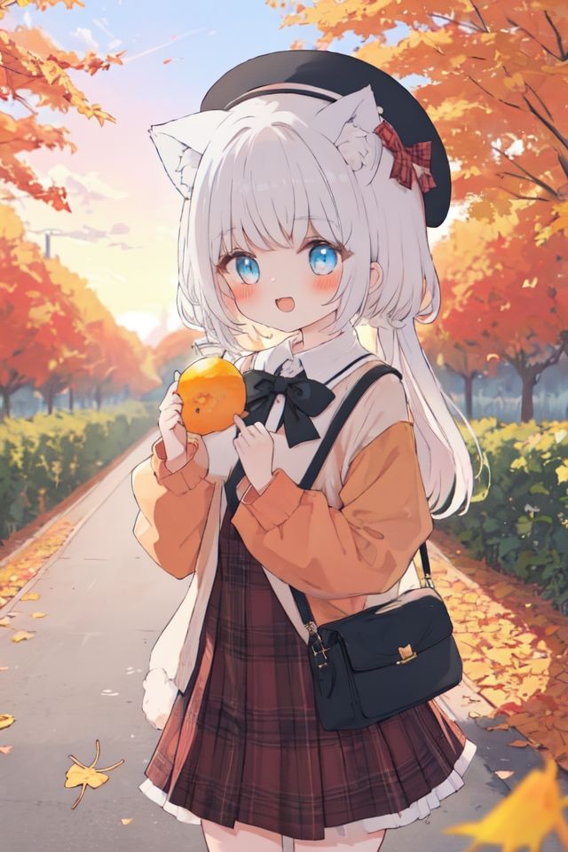 autumn, autumn_leaves, holding_leaf, leaf, maple_leaf, 1girl, falling_leaves, ginkgo_leaf, plaid, animal_ears, sunset, plaid_dress, braid, blurry, blurry_background, bag, animal_ear_fluff, solo, hat, depth_of_field, blurry_foreground, smile, long_hair, black_bow, cat_ears, shoulder_bag, plaid_skirt, holding, bow, long_sleeves, sweet_potato, beret, open_mouth, blush, tail, orange_sky, blue_eyes, wings, outdoors <lora:kawaii-000010:1>