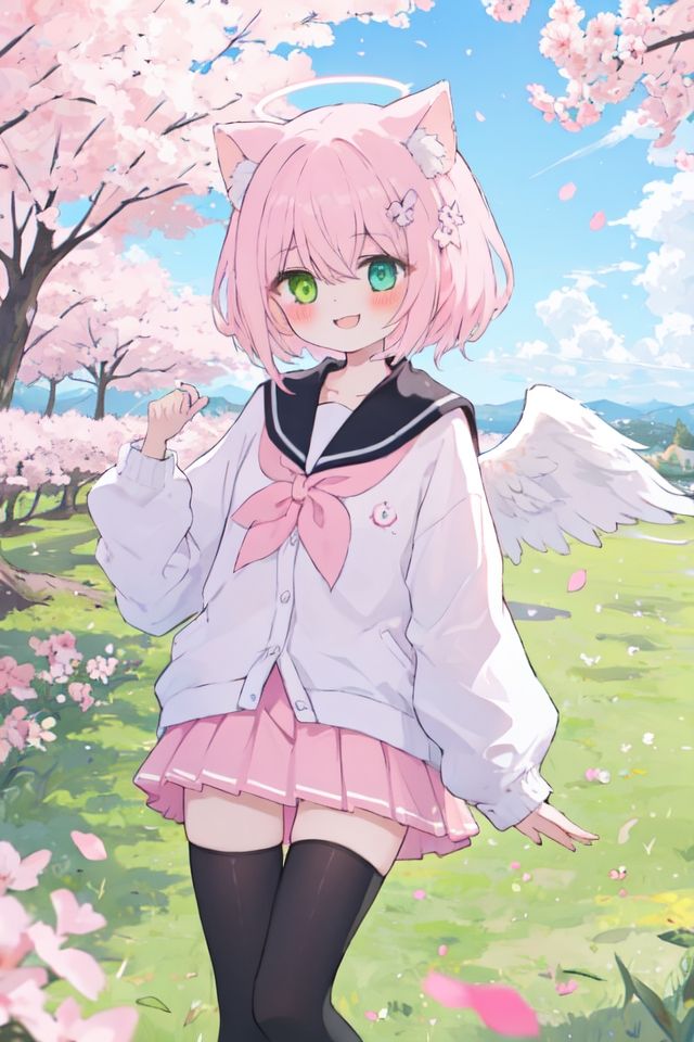 feathered_wings, wings, angel_wings, petals, cherry_blossoms, white_wings, animal_ears, 1girl, heterochromia, thighhighs, skirt, grass, sailor_collar, pink_wings, smile, angel, on_grass, pink_skirt, flower, cardigan, hair_ornament, falling_petals, solo, serafuku, pink_hair, white_sailor_collar, pleated_skirt, halo, hair_between_eyes, hair_flower, green_eyes, black_legwear, sleeves_past_wrists, nail_polish, pink_flower, shirt, open_clothes, long_sleeves, school_uniform, blush, eyebrows_visible_through_hair, animal_ear_fluff, <lora:kawaii-000010:1>